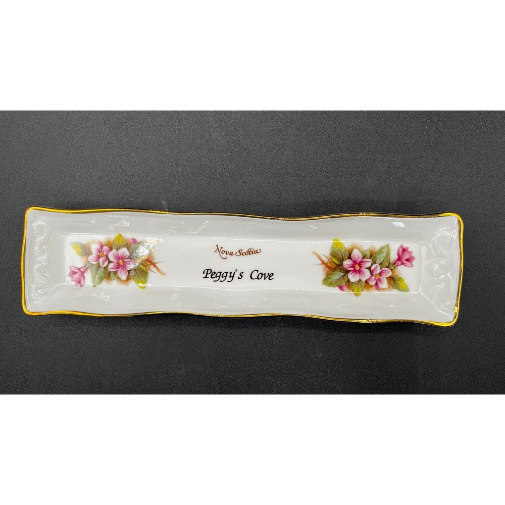 Vtg Renaissance Peggy's Cove Nova Scotia Bone China Trinket Dish Floral 8"‎ Gold